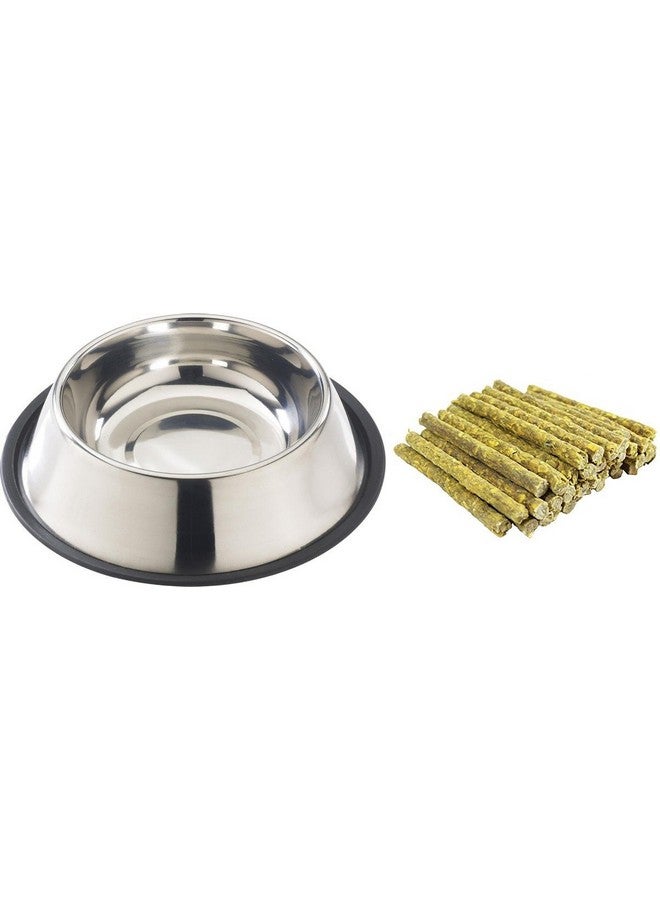 Feeding Combo For Dogs And Puppies | Barkstick Chewing Munchy Chicken Stick - 400G | Stainless Steel, Rust Resistant & Non-Skid Or Slip Bowl - 700Ml - Image 1