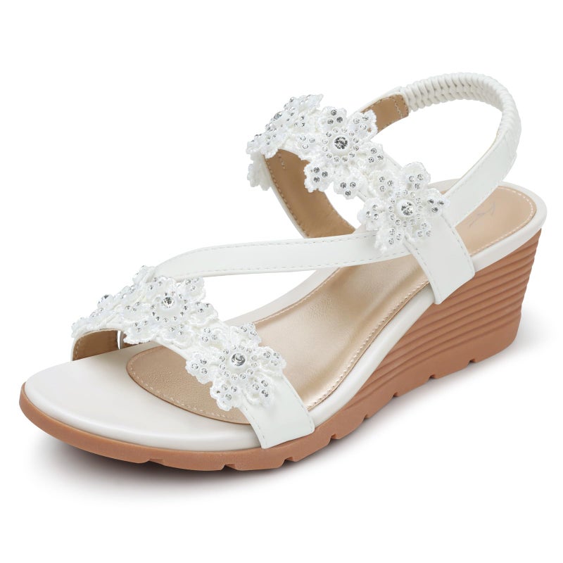 SHIBEVER Wedge Sandals for Women Dressy Summer White Open Toe Low Platform Wedges Sandals Flower Comfortable Casual Shoes Size 9 - Image 1