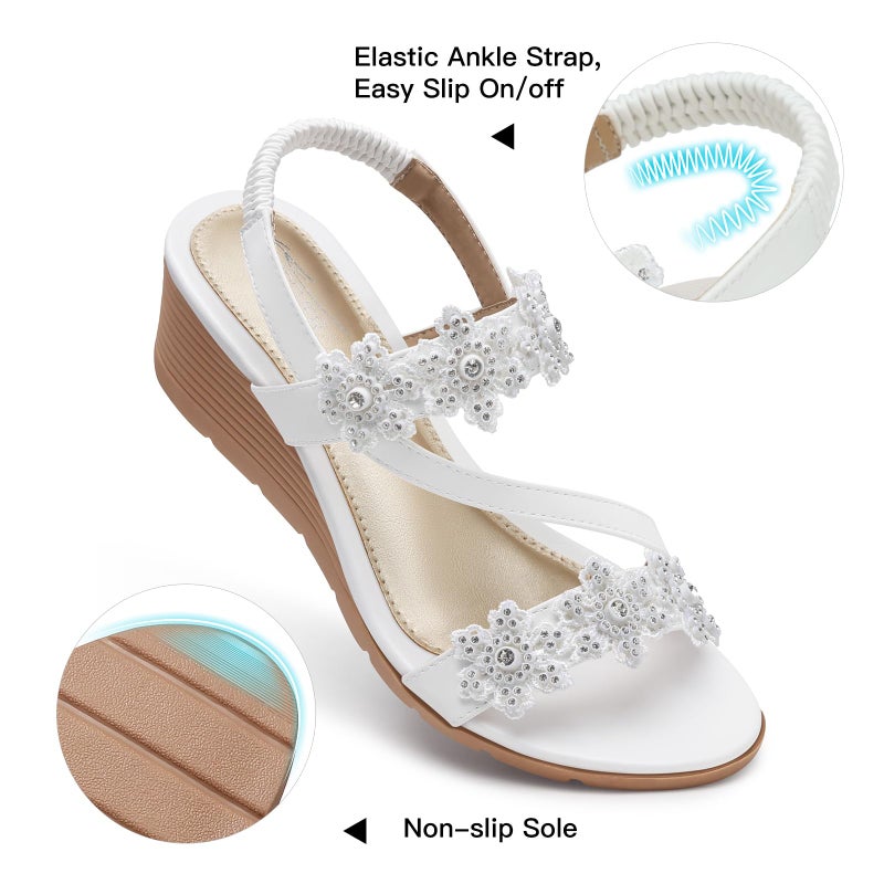 SHIBEVER Wedge Sandals for Women Dressy Summer White Open Toe Low Platform Wedges Sandals Flower Comfortable Casual Shoes Size 9 - Image 5