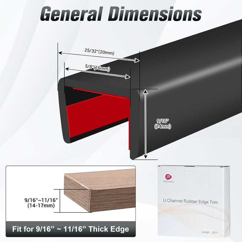 Protalwell Rubber Edge Trim, Self Adhesive U Channel Edge Trim, Big Size U Shaped Trim, Edge Banding for Plywood, Woods, Shelf, Cabinet, Countertop, Fit for 5/8", Length 20Ft, Black - Image 2