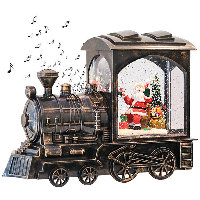 MUSIC LIGHTED TRAIN SNOW GLOBE LANTERN WATER SNOWING GLITTERING BATTERY OPERATED WITH TIMER CHRISTMAS SANTA CLAUS MUSICAL LIGHTED HOME DECORATION AND GIFTCOPPER