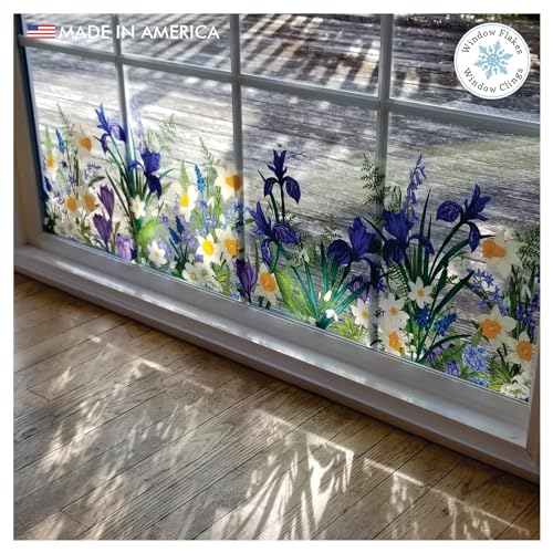 Window Flakes Botanical Springtime Flower Window Cling Decal. Crocuses, Ferns, Daffodils, Snowdrops. Home Decor Decoration for Glass. Spring Vinyl Sticker. Made in America. - Image 1