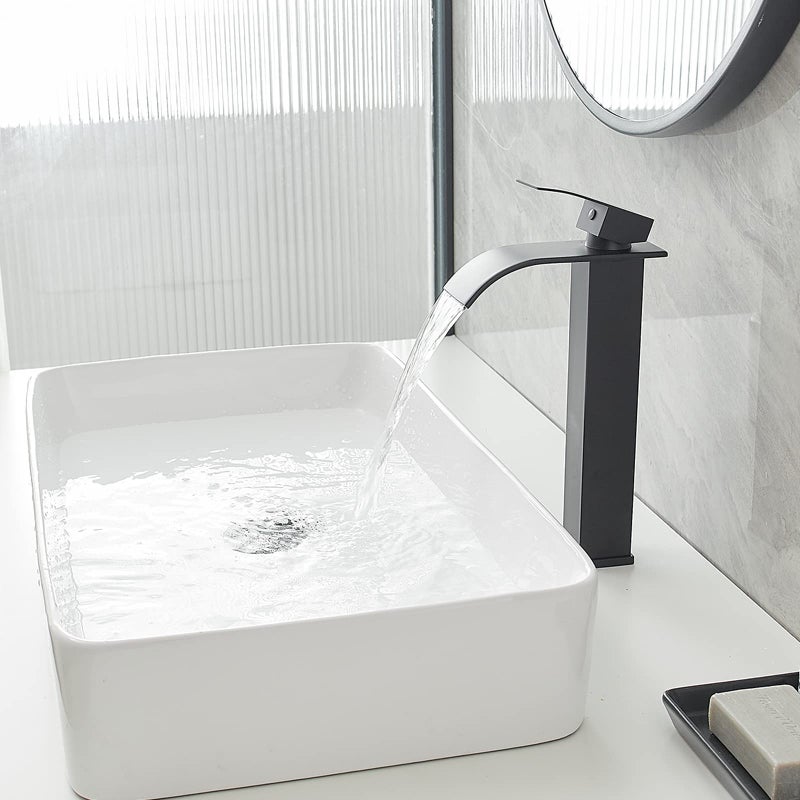 Bathfinesse Vessel Sink Faucet Waterfall Bathroom Faucet Matte Black Stainless Steel Tall Single Handle One Hole Deck Mount Bowl Vanity Sink Faucet with Pop-up Drain Stopper - Image 5