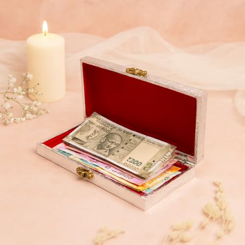 Lushure Silver Cash Gift Box for Wedding | Metal Clasp Lock | Red Velvet Inside | Premium Decorative Money Box for Gifting Cash, Coins, Notes | Return Gift Box (Silver Mist Vine) - Image 4