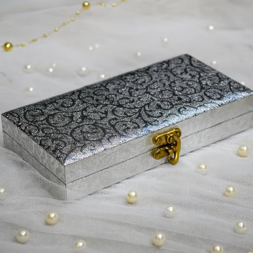 Lushure Silver Cash Gift Box for Wedding | Metal Clasp Lock | Red Velvet Inside | Premium Decorative Money Box for Gifting Cash, Coins, Notes | Return Gift Box (Silver Mist Vine) - Image 1