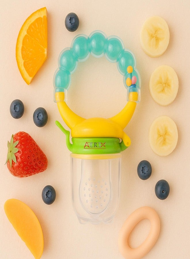 AEREX BPA Free Silicone Food Nibbler with Extra 2 Different Size Mesh Nipple for Fruit and Veggies with Rattle Handle for Baby (Multi-Color) (Blue) - Image 1