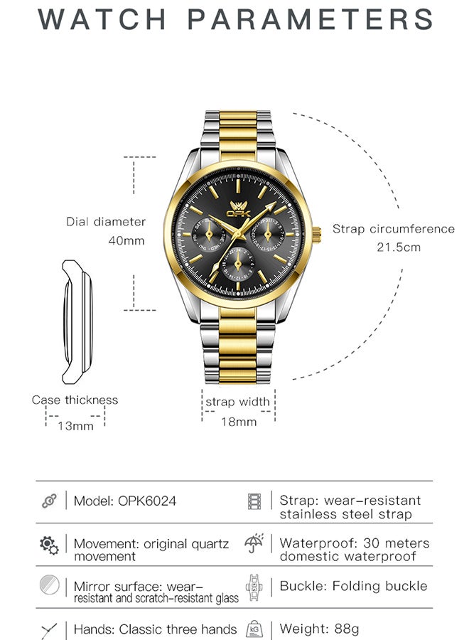 OPK Watches, Fashionable and Casual Men's Watch, Luminous Waterproof Quartz Watch, Men's Watch, 6024, Gold and Black Dial - Image 3