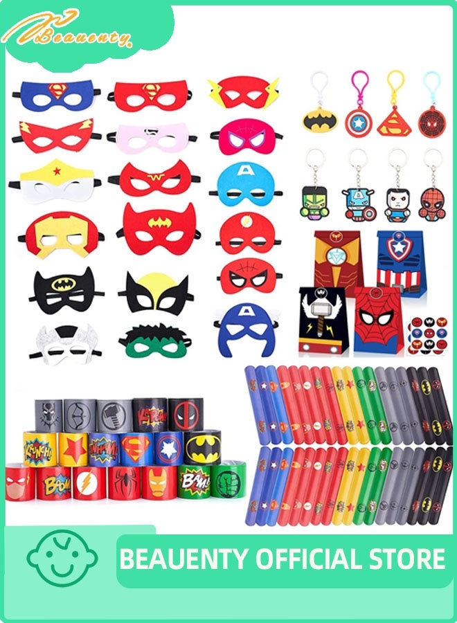 Beauenty Party Articles Superhero Birthday Party Gift Set Includes 18 Pcs Party Articles Superhero masks， 18Pcs Keychains 18Pcs Gifts Bag，36pcs Superhero Hand Slap Bracelet(108PC) - Image 1