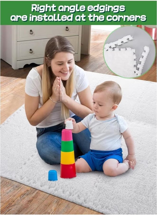 Plush Foam Floor Mat,Interlocking Carpet,Plush Puzzle Foam Floor Mat,Tiles Plush Puzzle Foam Floor Mat,Square Interlocking Carpet Tiles,Square Interlocking Fluffy Tiles,Soft Area Rugs,Border Fluffy Play Mat,Soft Climbing Area Rugs,Plush Foam Floor Mat for Home Playroom Decor,30x30cm (off white)  - Image 4