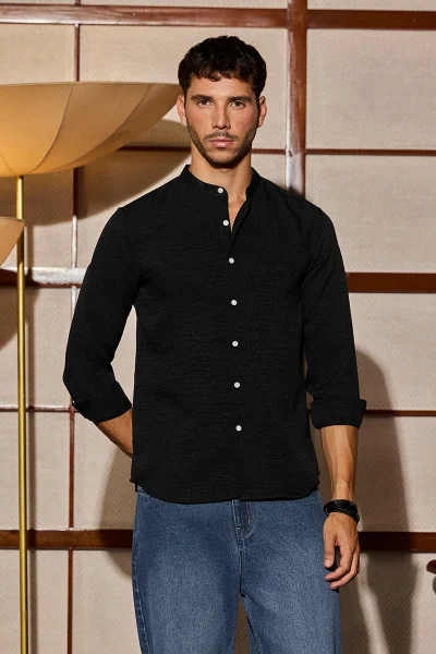 SNITCH Black Mandarin Textured Shirt