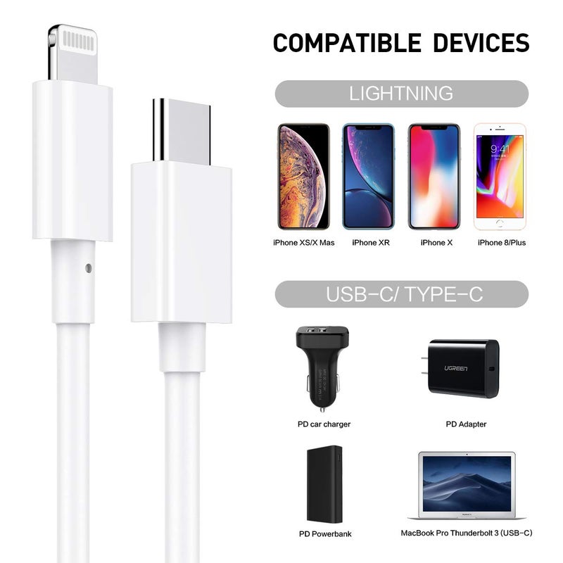 سوسوفليت Suswillhit كابل USB-C إلى Lightning بطول 6 أقدام معتمد من Apple MFi مع توصيل الطاقة شحن سريع لأجهزة iPhone 12/12 Mini/12 Pro/12 Pro Max/11 Pro/11 Pro Max/X/XS/XR/XS Max/8/8 Plus/iPad/AirPods (أبيض) - Image 5