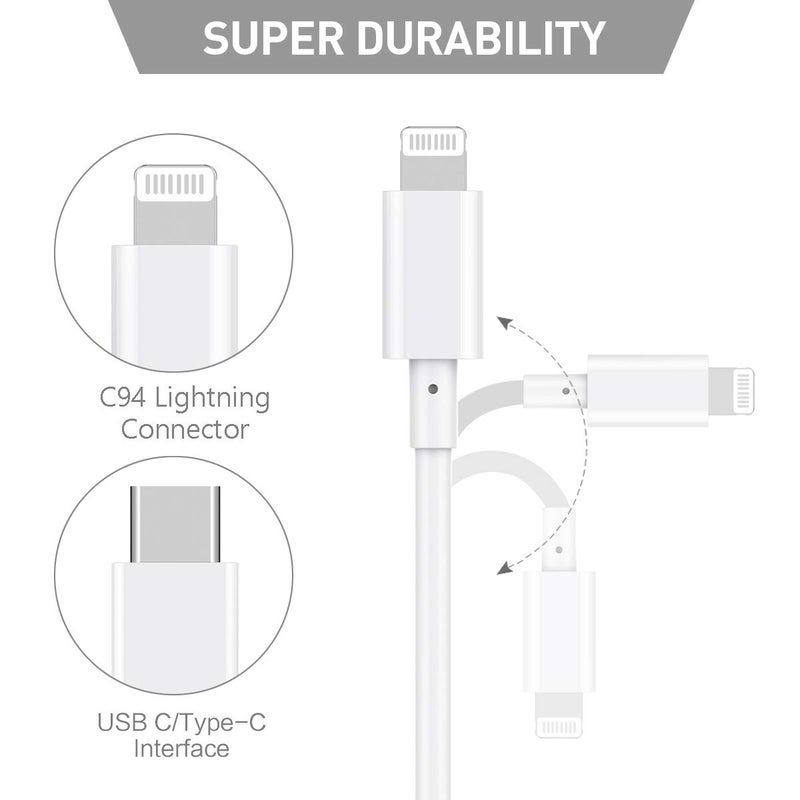 سوسوفليت Suswillhit كابل USB-C إلى Lightning بطول 6 أقدام معتمد من Apple MFi مع توصيل الطاقة شحن سريع لأجهزة iPhone 12/12 Mini/12 Pro/12 Pro Max/11 Pro/11 Pro Max/X/XS/XR/XS Max/8/8 Plus/iPad/AirPods (أبيض) - Image 2