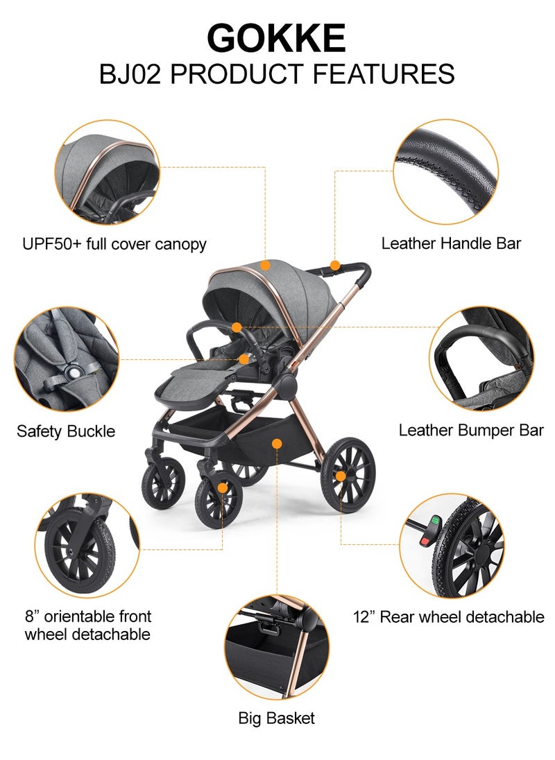 GOKKE - Reversible Baby Stroller with 5 Point Safety Harness, Forward & Rear Facing, Height Adjustable Handlebar, 0-36 Months, Grey and Gold - BJ02GG - Image 1