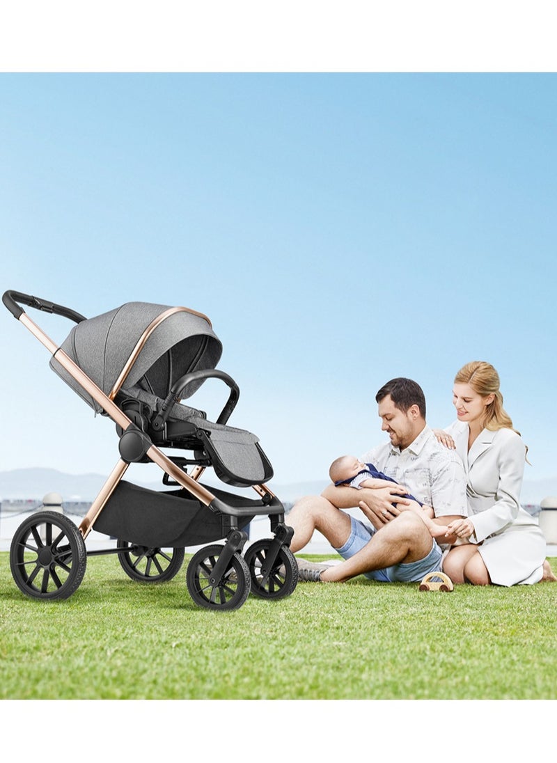 GOKKE - Reversible Baby Stroller with 5 Point Safety Harness, Forward & Rear Facing, Height Adjustable Handlebar, 0-36 Months, Grey and Gold - BJ02GG - Image 1