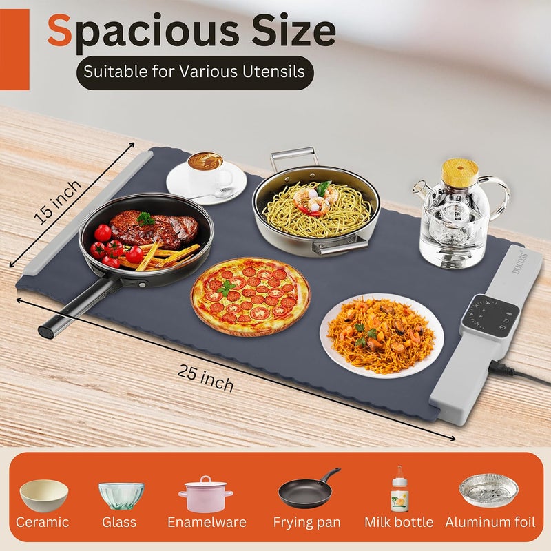 DOCOSS Electric Food Warmer,Silicone Full Surface Heating Mat for Food –5 Temperature Settings,250W Foldable Smart Warming Tray for Food at Party, Travel(Grey) - Image 5