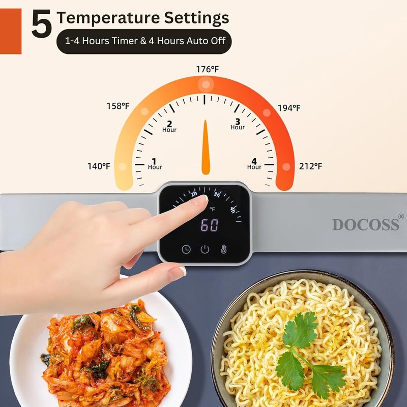 DOCOSS Electric Food Warmer,Silicone Full Surface Heating Mat for Food –5 Temperature Settings,250W Foldable Smart Warming Tray for Food at Party, Travel(Grey) - Image 2