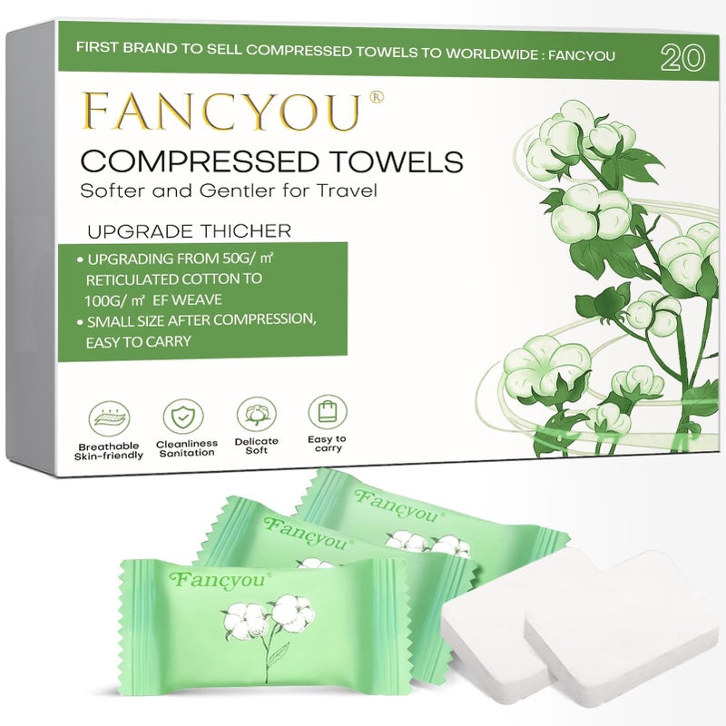 FANCYOU Compressed Towel Tablets 12X9 20 Pcs Individually Wrapped Mini Disposable Coin Towel Travel Size Wipe Washclothes Green