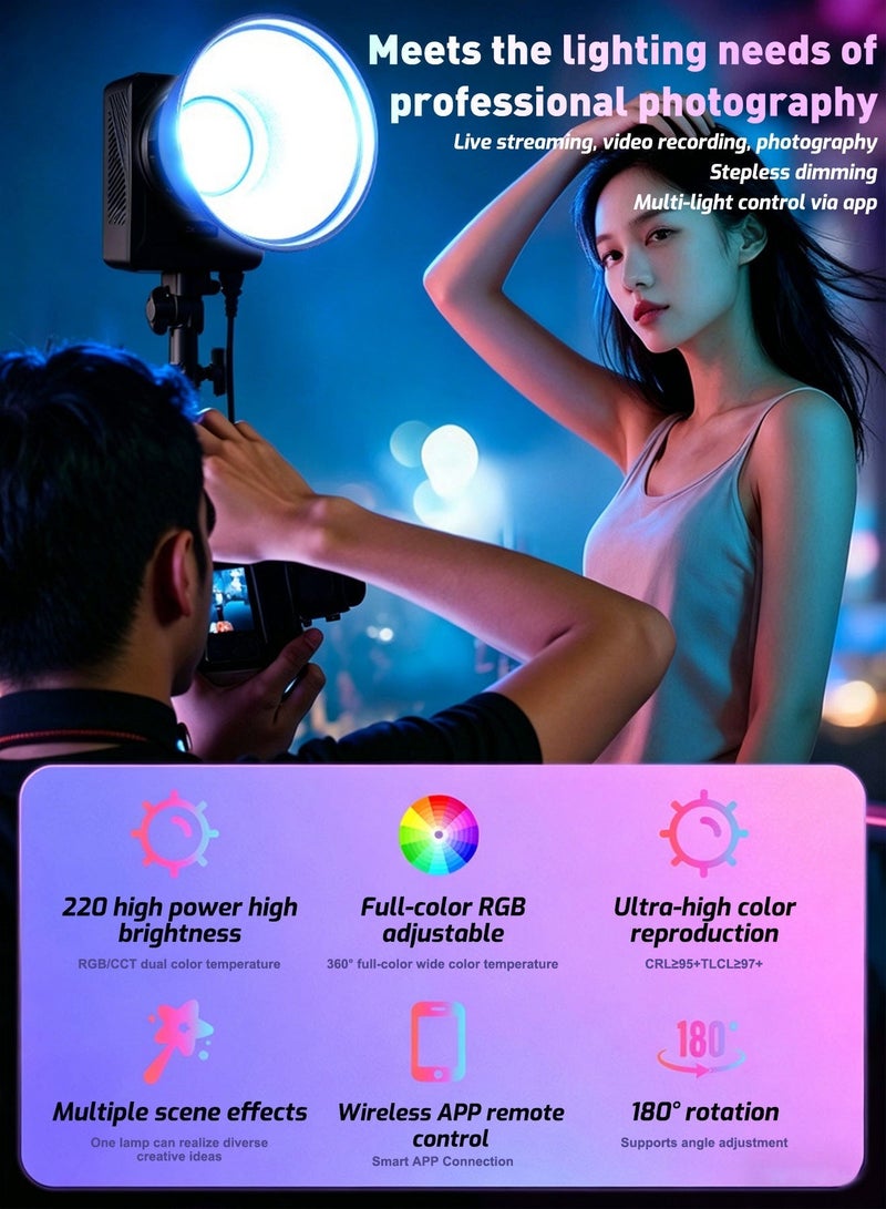 غرانفين إضاءة فيديو احترافية RGB بقوة 220 واط، تقنية COB مع عاكس قياسي، تحكم عبر التطبيق وقاعدة بوينز (Bowens Mount)، حرارة لون 2700K-6500K، مؤشر CRI 95+ و32 تأثير ضوئي، مثالية للبث المباشر واليوتيوب -أسود - Image 2