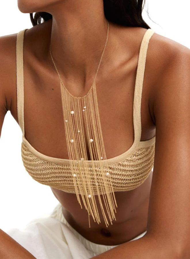 Parfois Gold Necklace With Freshwater Pearl Fringe for Women | Best Price UAE
