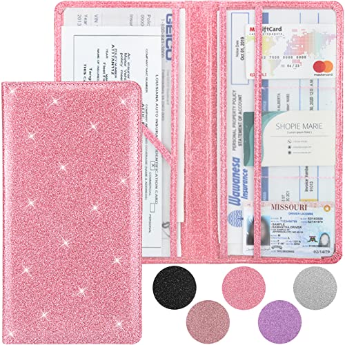 Bodskad Car Registration and Insurance Holder Premium Leather Insurance and Registration Holdervehicle Glove Box Car Organizer with Magnetic Shut for Cards Driver License Glitter Pink - Image 1