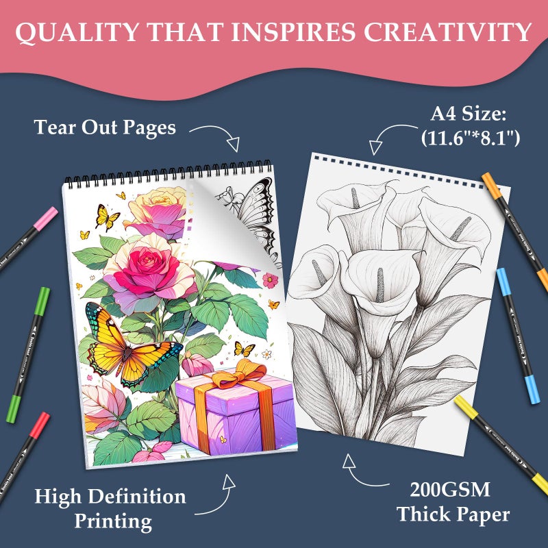 apolyone Coloring Book for Adults Relaxation, 24 Pages Adult Coloring Books for Women Stress Relief, Spiral Bound Coloring Books, Relaxing Gift for Women, Single-Sided Print Coloring Book of Fluttering Beauty - Image 2