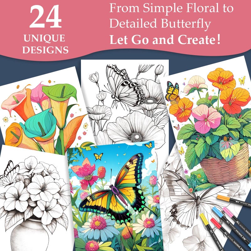 apolyone Coloring Book for Adults Relaxation, 24 Pages Adult Coloring Books for Women Stress Relief, Spiral Bound Coloring Books, Relaxing Gift for Women, Single-Sided Print Coloring Book of Fluttering Beauty - Image 3