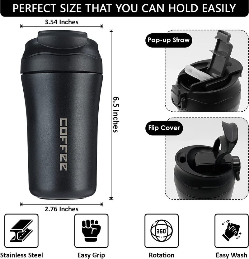 Wosta Travel Mug, Insulated Coffee Cup with Leakproof Lid,Vacuum Insulation Stainless Steel Reusable for Hot Cold Coffee, Non-Slip Protective Cover, (Matte Black, 400 Ml) - Image 2
