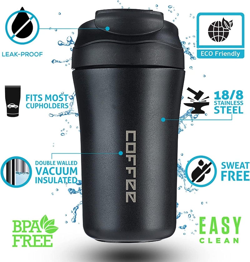 Wosta Travel Mug, Insulated Coffee Cup with Leakproof Lid,Vacuum Insulation Stainless Steel Reusable for Hot Cold Coffee, Non-Slip Protective Cover, (Matte Black, 400 Ml) - Image 3