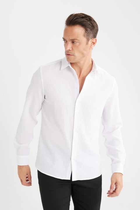 White Man Modern Fit Polo Collar Woven Long Sleeve Shirt Casual