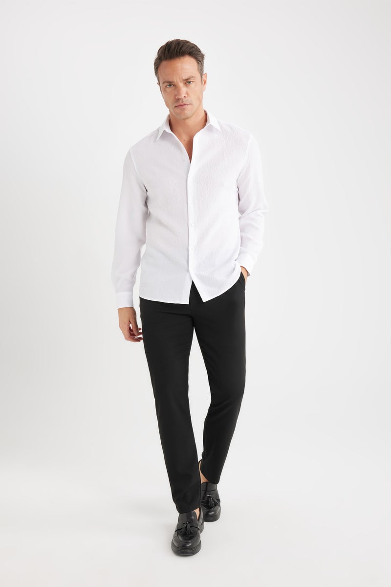 DeFacto White Man Modern Fit Polo Collar Woven Long Sleeve Shirt Casual - Image 2