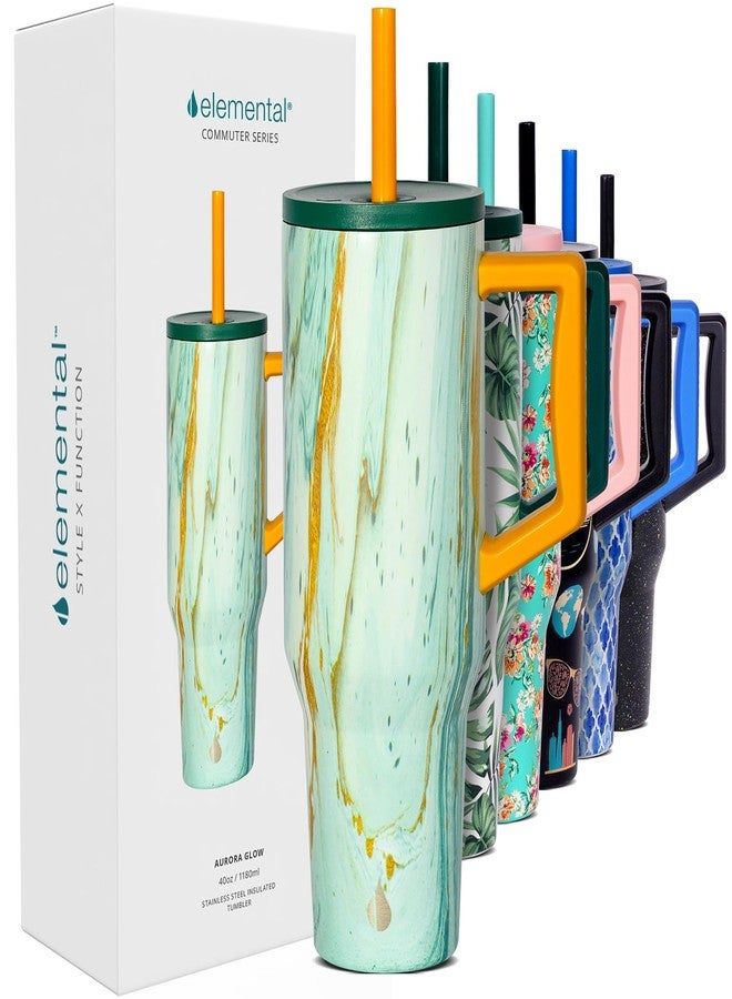 إليمنتال كوب Elemental سعة 40 أونصة مع مقبض وماصة - مصنوع من الفولاذ المقاوم للصدأ معزول ومقاوم للانسكاب للمشروبات الساخنة والباردة - كوب قهوة للسفر مع ماصتين وغطاء مقاوم للانسكاب - 40 أونصة - Aurora Glow - Image 1