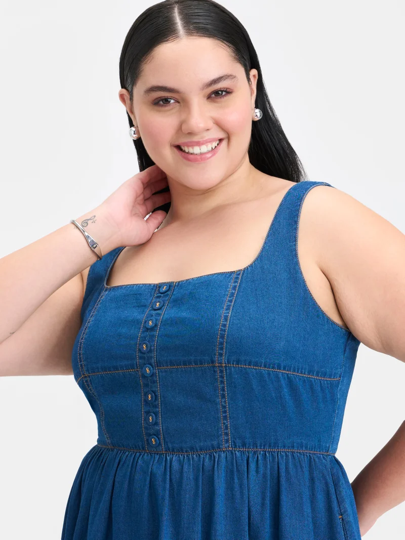 Virgio  Solid Cotton Denim Panelled Flared Plus Size Dress for Women for Women | Best Price UAE