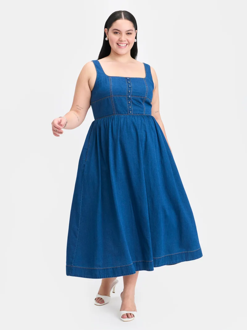 Virgio Solid Cotton Denim Panelled Flared Plus Size Dress for Women
