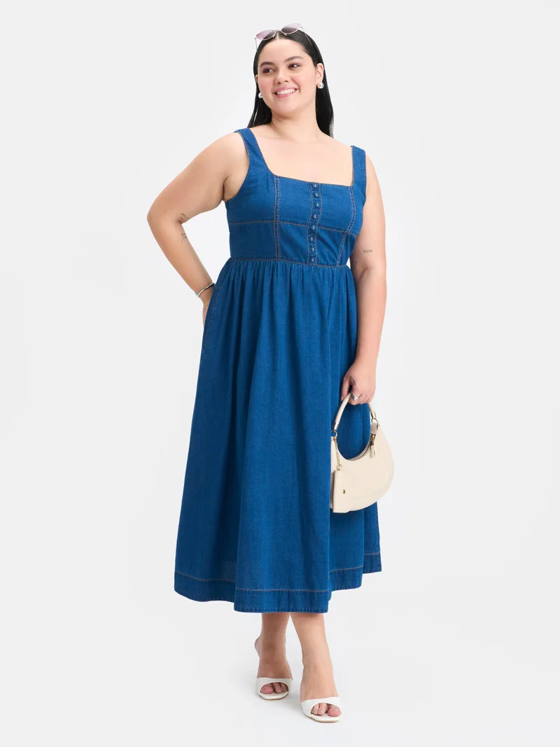 Virgio Solid Cotton Denim Panelled Flared Plus Size Dress for Women