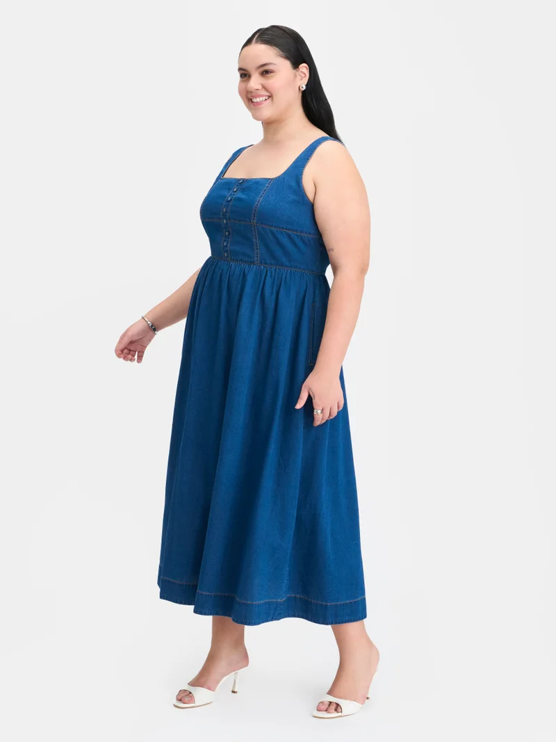 Virgio  Solid Cotton Denim Panelled Flared Plus Size Dress for Women for Women | Best Price UAE