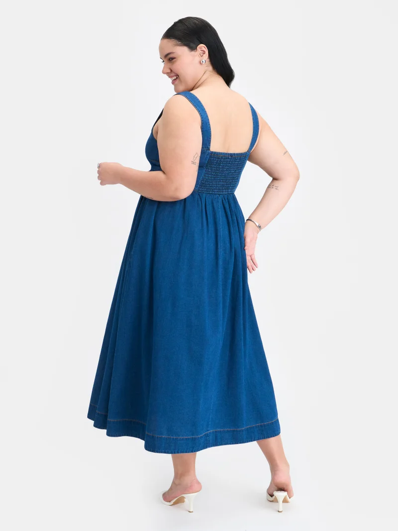 Virgio  Solid Cotton Denim Panelled Flared Plus Size Dress for Women for Women | Best Price UAE