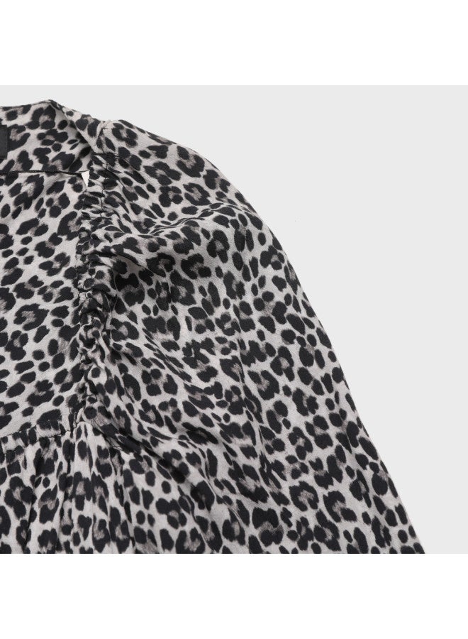Zara european & American Style Leopard Print Elegant Square Neck A-line Long Sleeve Short Dress - Image 5