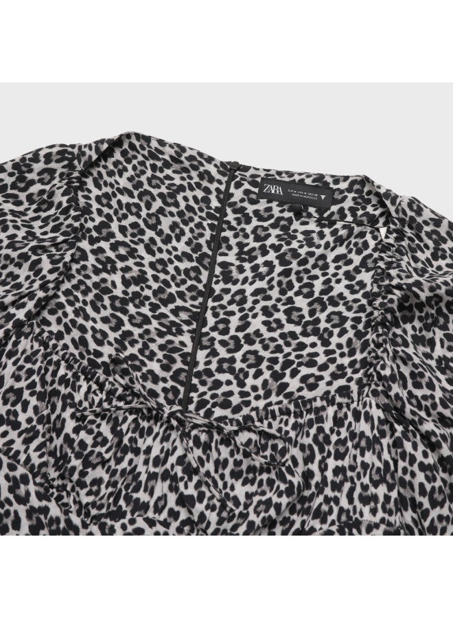 Zara european & American Style Leopard Print Elegant Square Neck A-line Long Sleeve Short Dress - Image 4