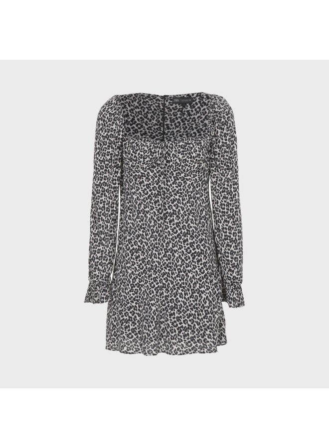 Zara european & American Style Leopard Print Elegant Square Neck A-line Long Sleeve Short Dress - Image 2