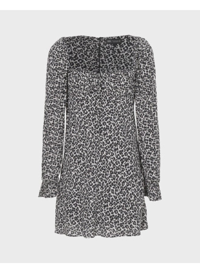Zara european & American Style Leopard Print Elegant Square Neck A-line Long Sleeve Short Dress - Image 1