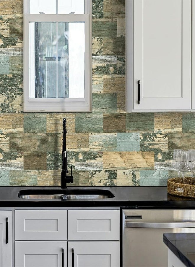 DEWOO 20-Sheet DEWOO Peel and Stick Self Adhesive Wall Tiles Kitchen Backsplash Distressed Wood Look,Vintage Old Fashion (13.5" x 11.4") - Image 2