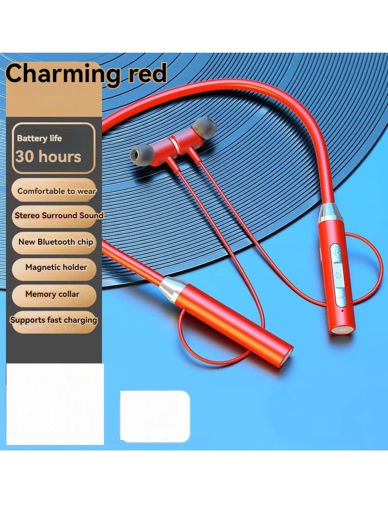 New neck hanging sports headphones magnetic three-dimensional running neck hanging in-ear comfortable music bluetooth headset charming red  - Image 1