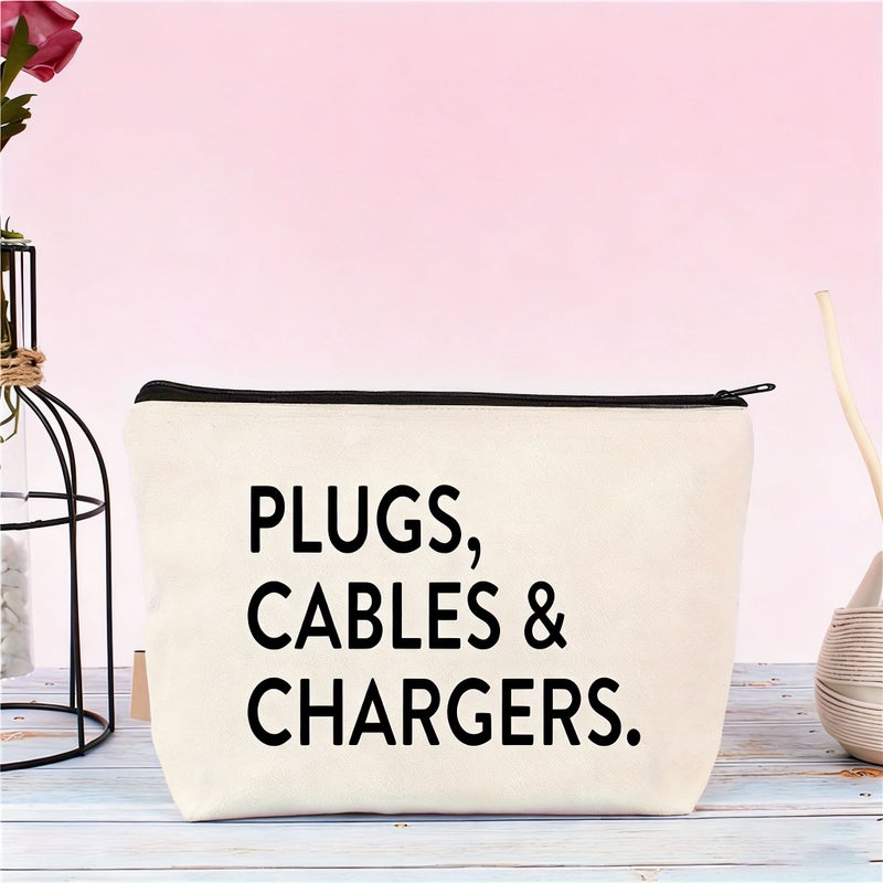 Electronics Cable Organizer Bag White Durable Fabric Travel Case For Chargers Home Office Accessories Zipper Closure - Image 1