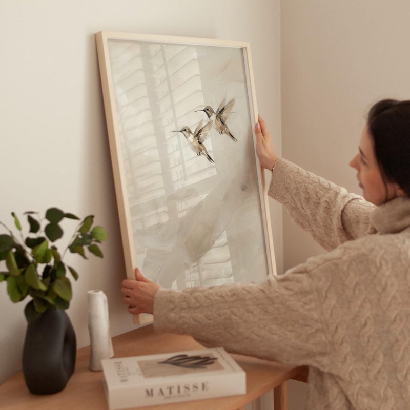 TNESSENTIAL Flying Hummingbirds Poster, Framed Wabi Sabi Nature Art, Minimalist Bird Print for Above Dresser, Neutral Bedroom Decor - Image 2