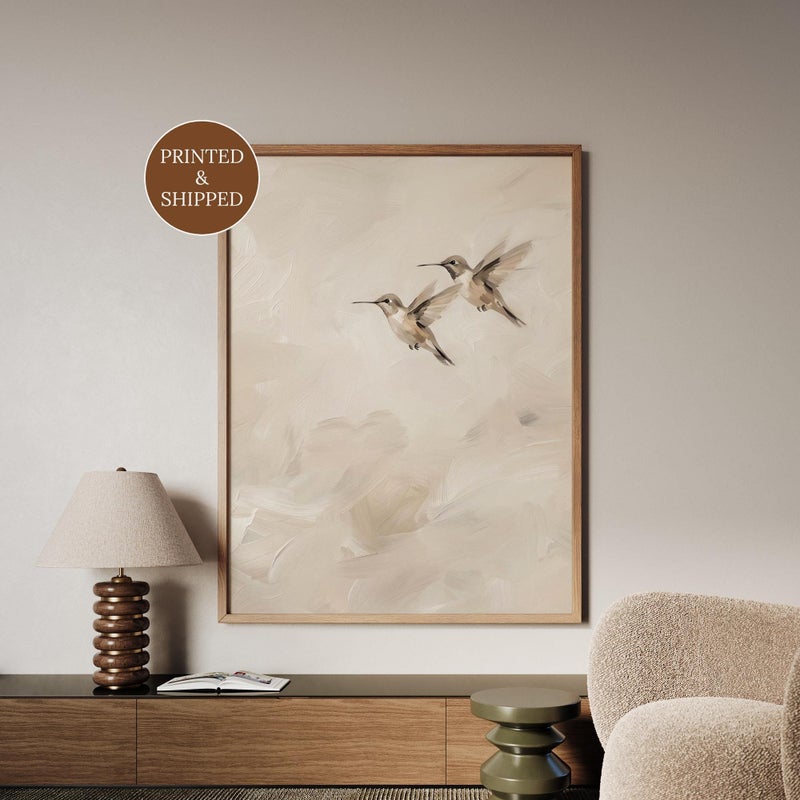 TNESSENTIAL Flying Hummingbirds Poster, Framed Wabi Sabi Nature Art, Minimalist Bird Print for Above Dresser, Neutral Bedroom Decor - Image 1