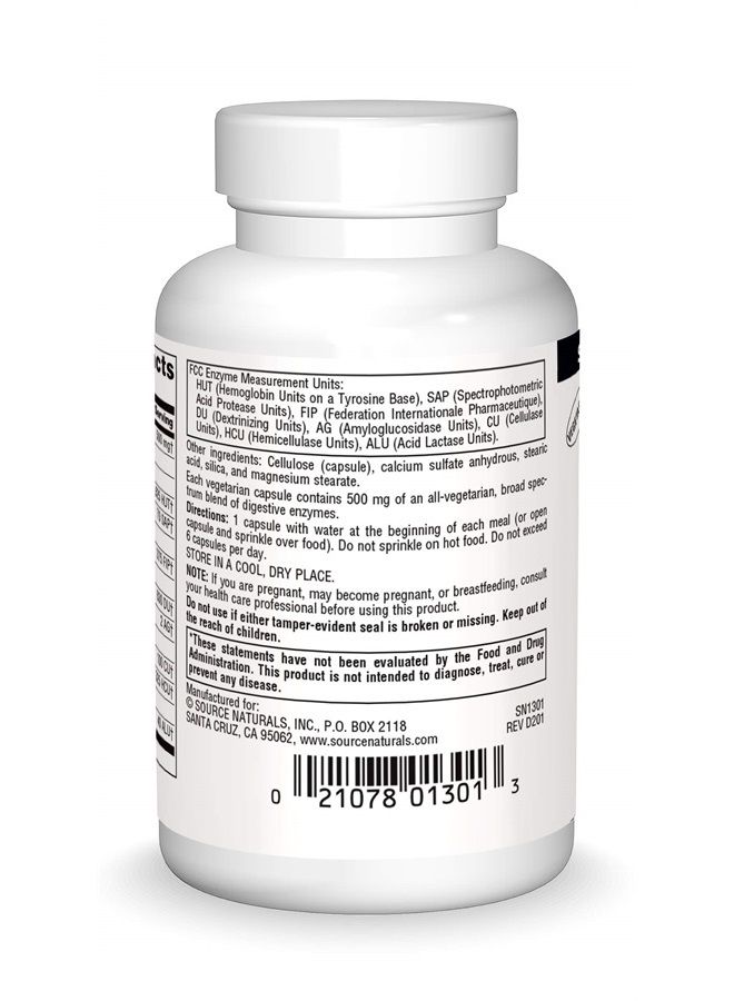 Source Naturals إنزيمات أساسية 500 ملغ مكمل إنزيمات متعددة متوافقة حيوياً دفاع عشبي للهضم، الغاز، الإمساك وتخفيف الانتفاخ - يدعم الجهاز المناعي - 60 كبسولة نباتية - Image 2