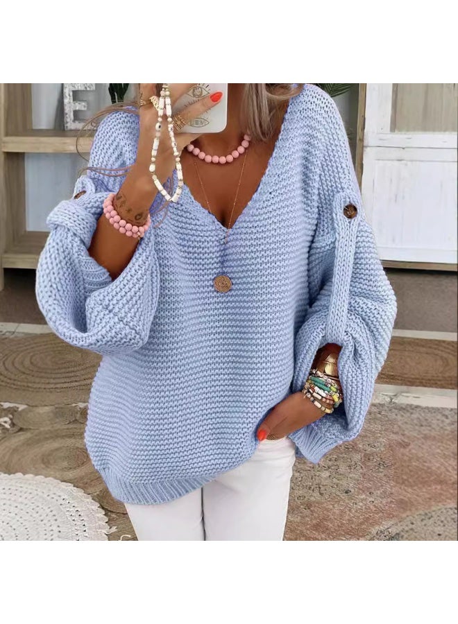 NIBEMINENT Casual Knitted V Neck Sweater Fall Winter Fashion Button Warm Commuter Jumper Elegant Solid Adjustable Long Sleeve Pullover - Image 1