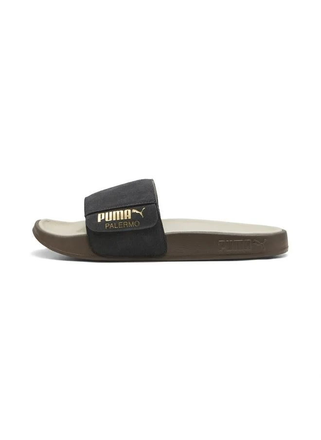 Puma Dusky Gray-PUMA Gold-Desert Dust-Gum Leadcat 2.0 Palermo Foil Slides Unisex for Men | Best Price UAE