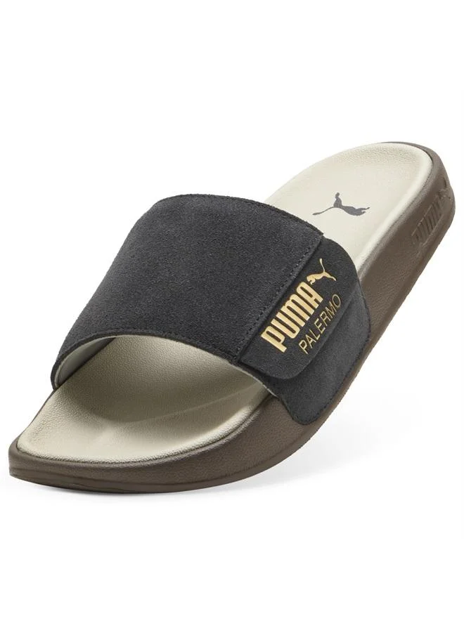 Puma Dusky Gray-PUMA Gold-Desert Dust-Gum Leadcat 2.0 Palermo Foil Slides Unisex for Men | Best Price UAE