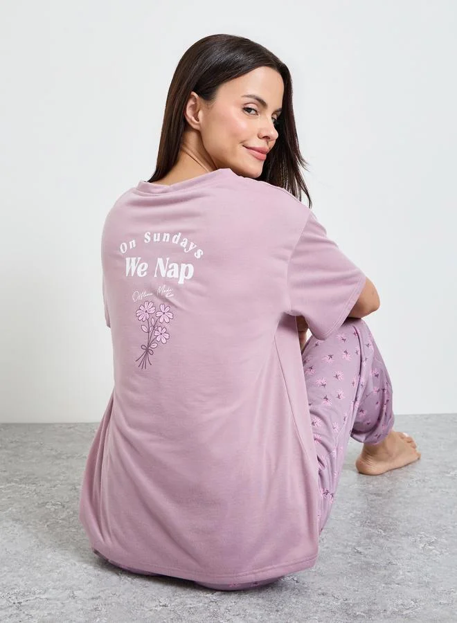 Styli Purple V Neck Drop Shoulder T-Shirt and Cuffed Pyjama Set